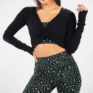 Fabletics NWT Black Liv Front Twist Long Sleeve Layer Cropped Athleisure Top